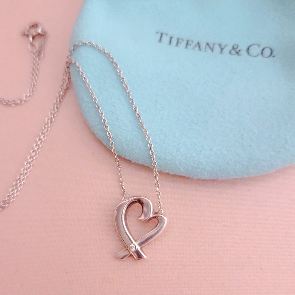 Authentic TIFFANY & CO Loving Heart Pendant Necklace • Diamond • Turquoise Pouch